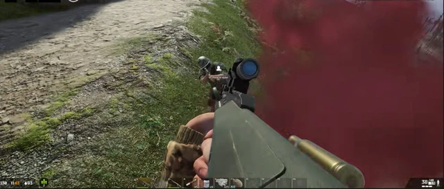Close-quarters Deadside firefight with red smoke and rifle recoil