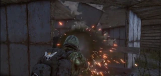 Deadside base raid with breaching tools and sparks in a metal shack