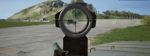 Scoped view on a military jeep at an airfield in Deadside