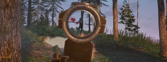 Scoped shot through pine forest with hit confirmation in Deadside