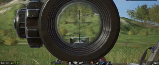 Scoped view over grassy hills with range markers in Deadside