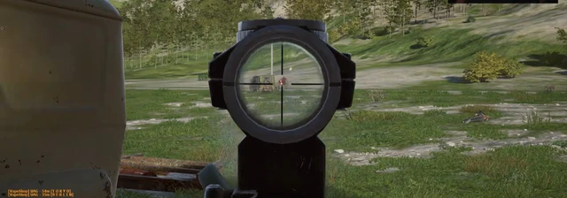 Scoped elimination near a military truck with a downed player in Deadside
