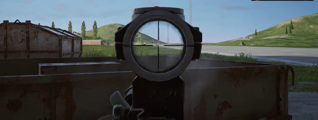 Scoped view across an airfield runway toward distant targets in Deadside