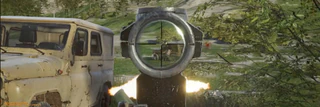 Scoped burst on a UAZ with muzzle flash in Deadside