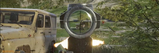 Scoped burst on a UAZ with muzzle flash in Deadside